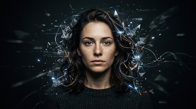 Woman with Dark Hair and Futuristic Background in Black Sweater