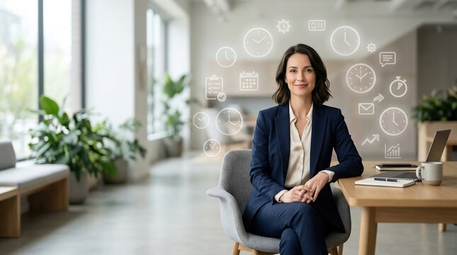 Businesswoman Sitting in Modern Office with Digital Icons Floating Around Her