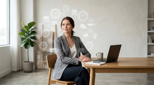 Businesswoman Sitting at Desk with Laptop and Coffee Cup in Modern Office Space