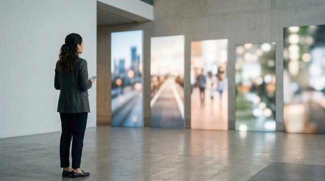 Businesswoman Viewing Urban Life Exhibits in Modern Art Gallery Space
