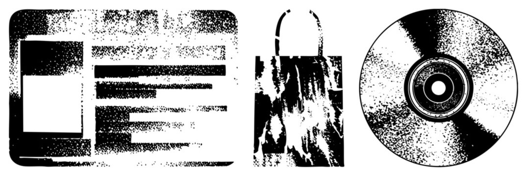 Halftone style vector graphics depicting digital interface, shopping bag, and CD disc minimalist tech symbols, pixelated textures, design.