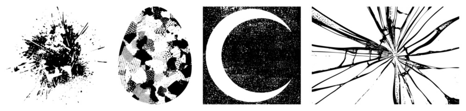 Vector art featuring ink splatter, halftone egg texture, moon silhouette, and cracked glass motifs. High contrast graphic design elements. Isolated foreground shapes.