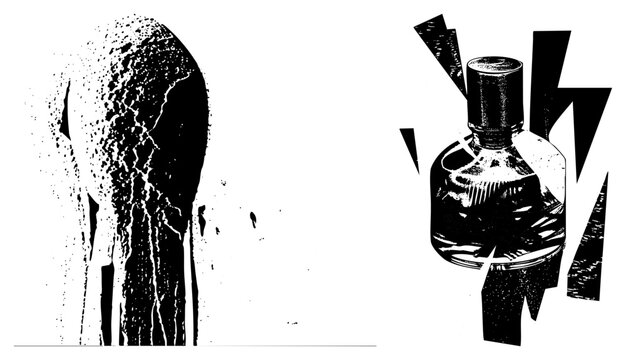 Artistic ink splatter texture, cracked ink effect, stylized glass bottle with sharp geometric, halftone graphic, vector illustration, isolated elements, bold contrast design.