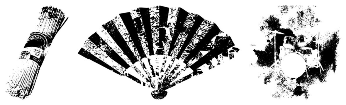 Stylized fan with ribs, drum kit with cymbals, bamboo stalks bound, black and white halftone vector art, graphic design elements.