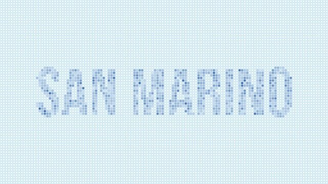 San Marino dotted map animation. Digital style shape of the country. San Marino shape and title dots appear with bulb flickering effect. Intro, outro, logo, title video.