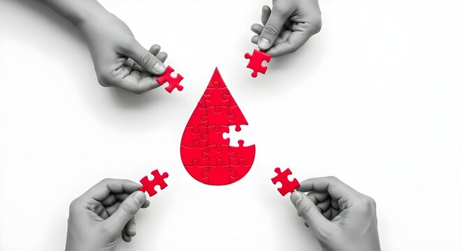 Blood Drop with Puzzle Pieces Representing Hemophilia Awareness and Blood Donation Support for World Hemophilia Day Campaign