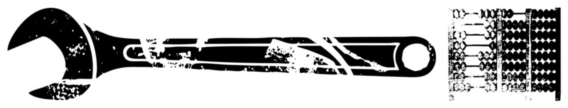 Grungy black wrench and abacus vector design, mechanical tool and calculation device, retro tech symbols, educational equipment, industrial.