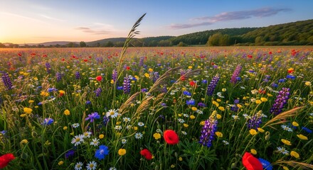 Obraz premium A vibrant meadow filled with diverse wildflowers and tall grasses at sunset, with rolling forested hills in the background.