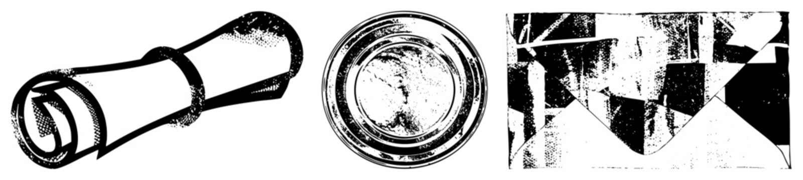 Stylized vector shapes including rolled scroll, circular plate, and geometric fractured forms, rendered in halftone, design.