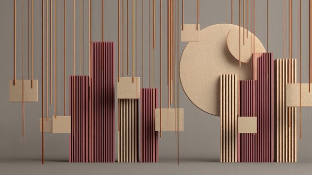 Abstract geometric composition features vertical rectangular prisms and hanging cylindrical elements against a neutral backdrop