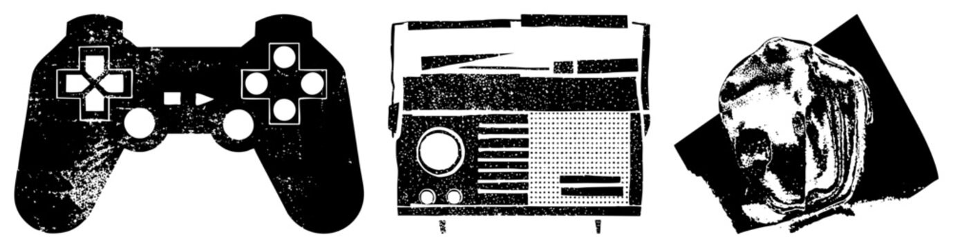 Vintage gaming controller, retro radio, old, nostalgic tech, pixel art style, vector graphic, black and white, halftone texture, isolated.