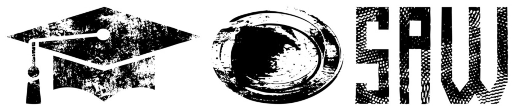 Distressed graduation cap, vintage film reel, bold &ldquo;SAW&rdquo; typography, gritty vector, graphic design elements, horror movie branding, educational symbolism.