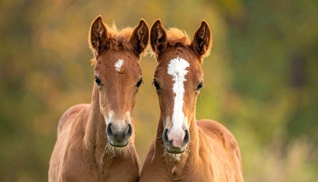 Two Adorable Chestnut Foals Standing Together in a Field.