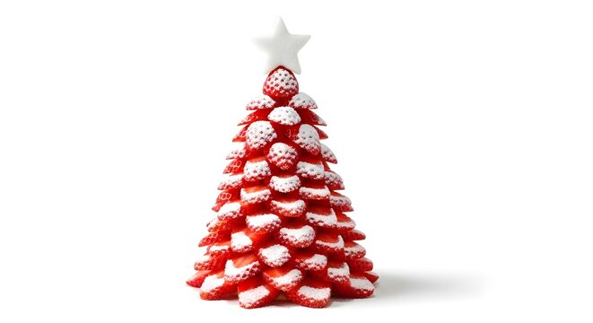 A bright red Christmas tree made from fresh strawberries layered in a cone shape, topped with a white star and dusted with powdered sugar
