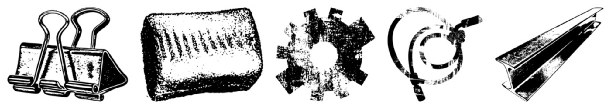 Paper clip binder, textured sponge, gear wheel, coiled, steel I beam vector with halftone texture, isolated graphic elements for design use.