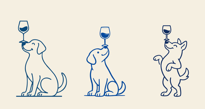 Line art illustration of cute dogs balancing wine glasses on their noses