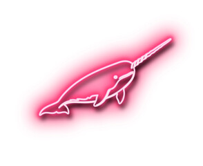 Bright pink neon outline illustration of a singular majestic narwhal swimming upward © Adnan Gee