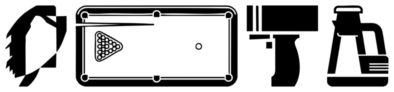 Saw blade, pool table with racked balls, power drill, coffee maker minimalist vector, black and white, flat design, isolated objects.