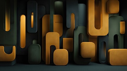 Fototapeta premium Overlapping organic shapes in dark, moody tones create a three dimensional abstract background.