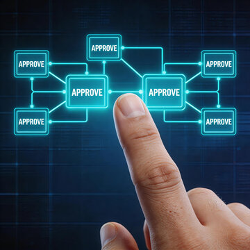 Finger Touching Approval Flow Diagram on Digital Interface