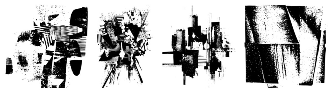 Fragmented geometric shapes rendered in stark black and white halftone, vector graphic with bold and fragmented planes, modern abstract composition.