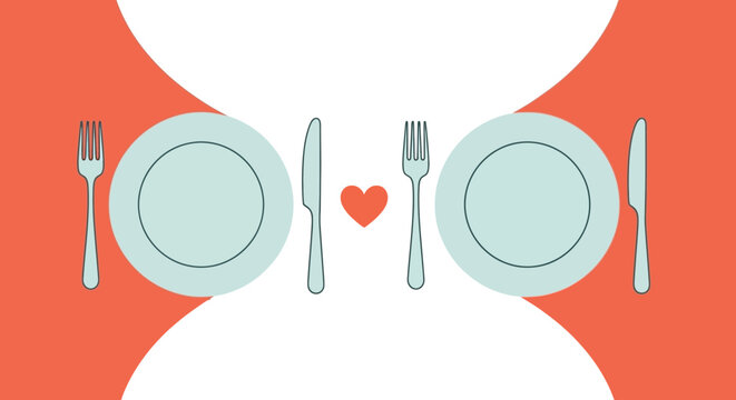 Romantic dinner table setting with two minimalist place settings and a heart icon ideal for date night couples dining or Valentines Day concepts