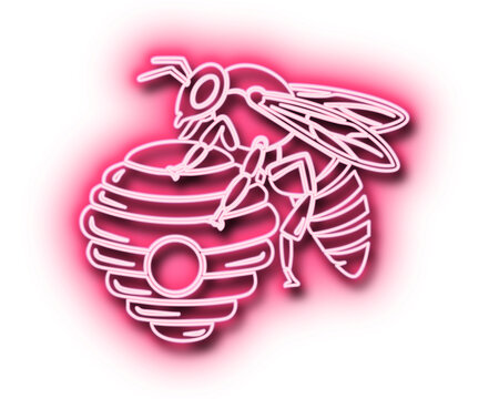Bright pink neon bee illustration hovering over a stylized beehive structure icon