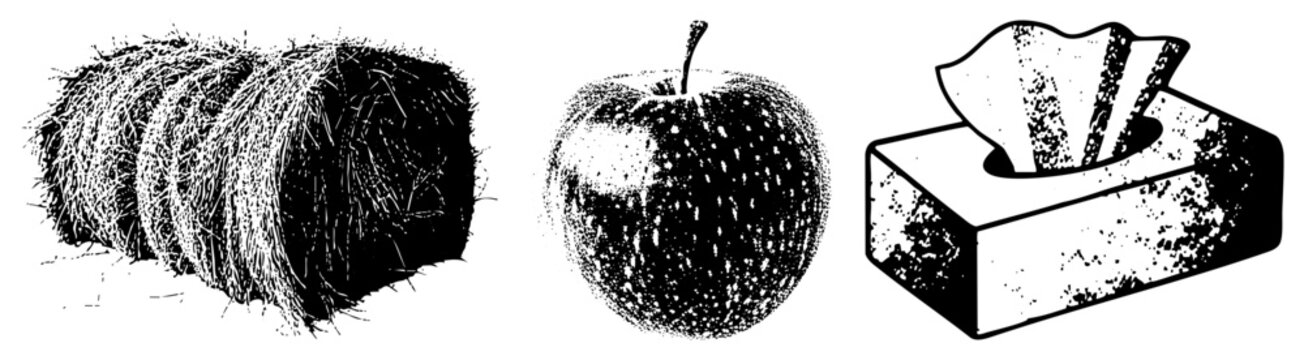 Agricultural hay bale, ripe, tissue box depicted in halftone dots, vector illustration, black and white, rustic textures, isolated objects.