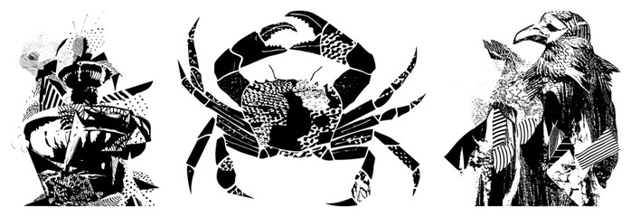 Naklejka premium Geometrically fragmented crustacean, raven, and mythical rendered in high contrast halftone, vector art, isolated graphic elements.