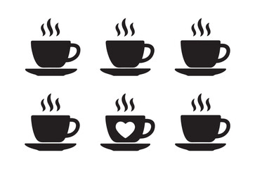 Fototapeta premium Six black silhouettes of coffee cups with rising steam above saucers