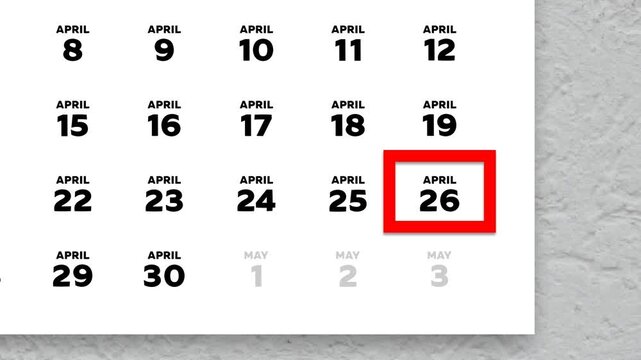 The date April 26th marked with a red cursor on the wall calendar 2026