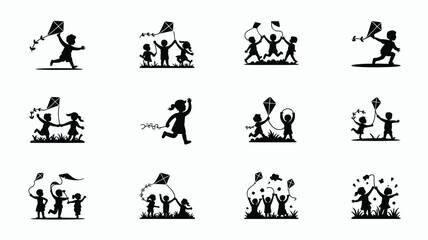 Obraz premium Collection of black silhouette icons featuring children playing with kites in various joyful outdoor scenes