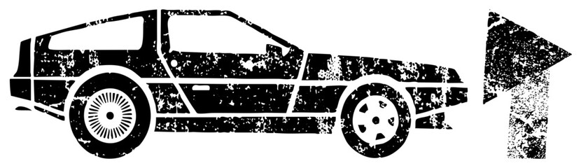 Obraz premium Vintage sports car with distressed texture, directional arrow symbol, vector graphic, stylized vehicle, flat design, road sign element, automotive illustration.