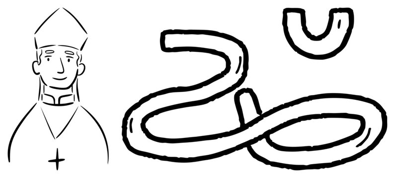 Cleric figure in religious attire with emblem, stylized serpent coil and U shape motif, minimalist art, spiritual, sacred symbol.