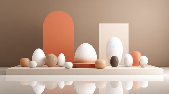 Arrangement of varied ovular shapes and geometric forms resting upon a reflective surface