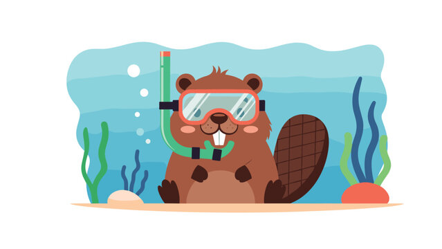 Cute brown beaver wearing a snorkel mask and breathing tube dives underwater among sea plants and bubbles in a blue ocean environment.