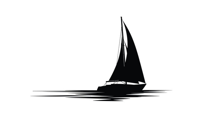Black silhouette of a sailboat with its sails full of wind glides across a calm sea under a clear sky in a minimalist composition.