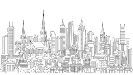 Fototapeta premium Detailed black and white line drawing of a dense city skyline with various skyscrapers, churches, and houses in a complex urban scene.