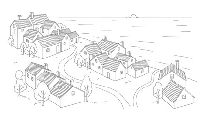 Fototapeta premium Minimalist Coastal Village Line Art Illustration with Seaside Houses, Winding Paths, and Ocean Horizon