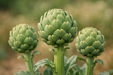 Fototapeta premium Close view of artichokes growing outdoors showing natural cultivation process