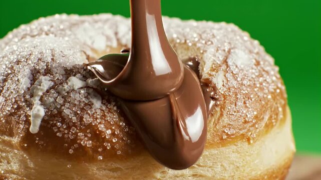 Melted Chocolate Cream Filling Being Poured Onto A Sugared Bomboloni Pastry Doughnut On A Green Screen Background Cinematic Food Commercial Shot