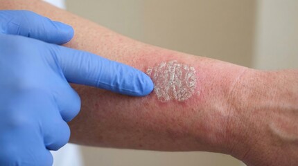 Obraz premium Psoriasis Skin Condition on an Arm with Silvery Scales Examined by a Gloved Hand for Medical Diagnosis