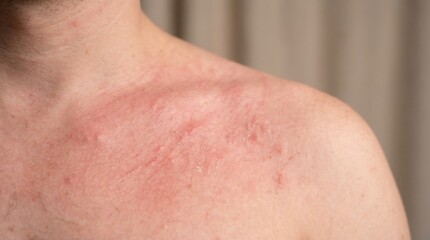 Fototapeta premium Skin Allergic Reaction with Red Itchy Rash and Visible Inflammation on Human Shoulder and Neck