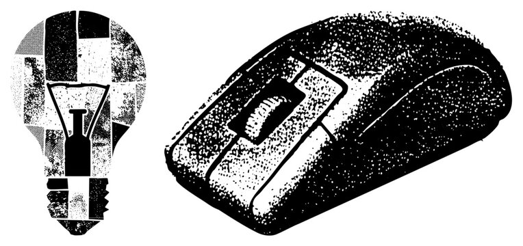 Retro styled halftone lightbulb and ergonomic mouse, vector art, tech & creativity symbols, design, digital illustration.