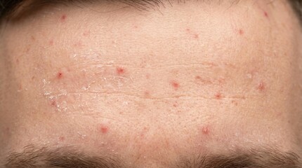 Fototapeta premium Skin Condition on a Young Mans Forehead Showing Acne Pimples and Dry Flaky Patches