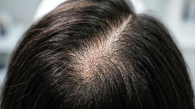 Hair Scalp Closeup Showing Dark Hair with Visible Thinning and Numerous Hair Follicles on Light Skin Texture