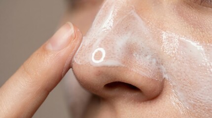 Fototapeta premium Close up of a Person Applying Foamy White Cleanser to Their Nose During a Daily Skincare Routine