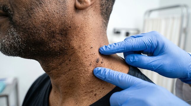 Dermatology Physician Examining the Neck of an African American Man with Skin Lesions During a Clinic Visit