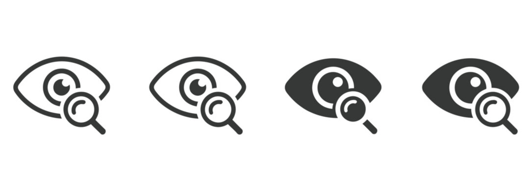 Eye, search icon with magnifying glass, view visibility symbol, watching scanning inspection concept, user interface navigation, content viewing element.