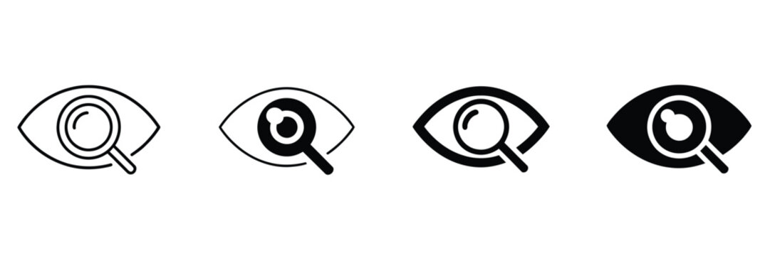 Eye, search icon with magnifying glass, view visibility symbol, watching scanning inspection concept, user interface navigation, content viewing element.